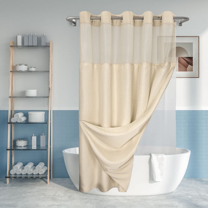 No Hook Slub Textured Shower Curtain with Snap-in PEVA Liner Set - 71"" x 74""(72"")  Hotel Style Beige Shower Curtain with See Through Top Window  Machine Washable & Water Repellent  Linen  71x74