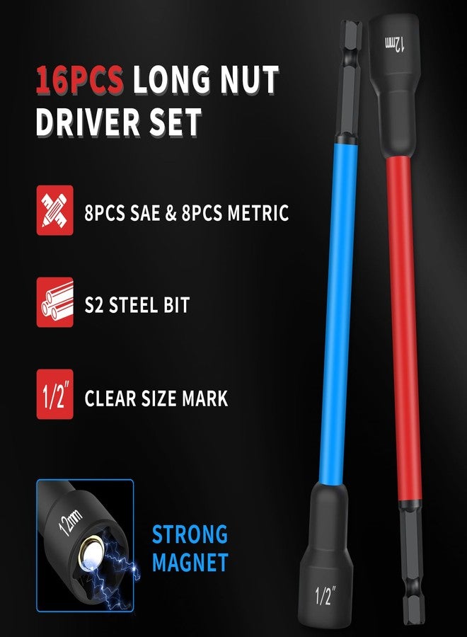 XOOL 16 PCS Long Magnetic Nut Driver Set, 6" Metric & SAE Nut Driver Bit Set for 1/4" Quick-Change Hex Shank, Impact Drill, with Mini Ratchet Wrench & Storage Bag - Image 3