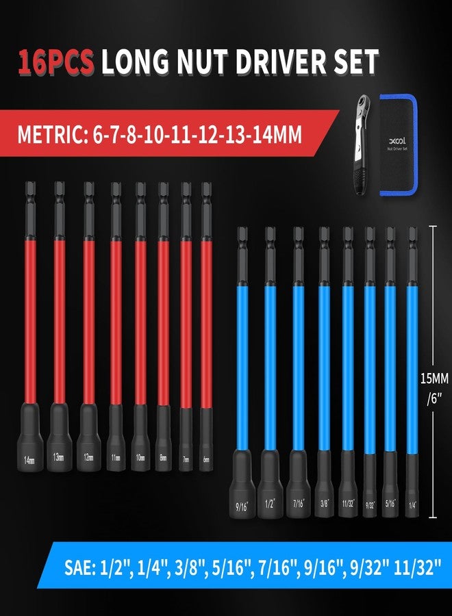 XOOL 16 PCS Long Magnetic Nut Driver Set, 6" Metric & SAE Nut Driver Bit Set for 1/4" Quick-Change Hex Shank, Impact Drill, with Mini Ratchet Wrench & Storage Bag - Image 2