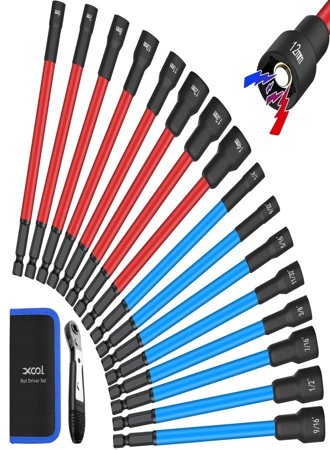 XOOL 16 PCS Long Magnetic Nut Driver Set, 6" Metric & SAE Nut Driver Bit Set for 1/4" Quick-Change Hex Shank, Impact Drill, with Mini Ratchet Wrench & Storage Bag - Image 1