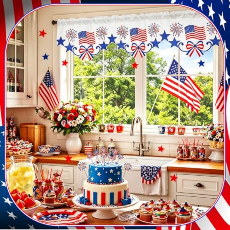 Embroidered Patriotic Kitchen Curtain Valance 58 x 14 Inch Red White Blue 250th Anniversary Star American Flag Window Treatment Valance for Memorial Independence Day Decor - Image 5