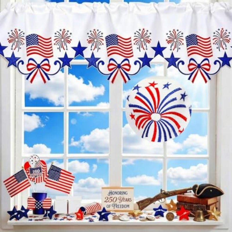 Embroidered Patriotic Kitchen Curtain Valance 58 x 14 Inch Red White Blue 250th Anniversary Star American Flag Window Treatment Valance for Memorial Independence Day Decor - Image 1
