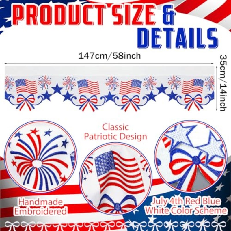 Embroidered Patriotic Kitchen Curtain Valance 58 x 14 Inch Red White Blue 250th Anniversary Star American Flag Window Treatment Valance for Memorial Independence Day Decor - Image 2