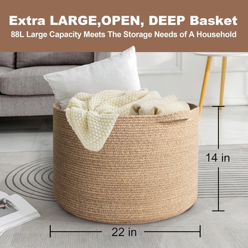 MEGASKET Large Wicker Storage Basket, 22â€ X 22â€ X 14â€ Woven Cotton Rope Basket, Kids Dog Toy Bin Organizer, Blanket Pillow Holder for Living Room, Brown Variegated Wicker Baskets for Organizing - Image 3