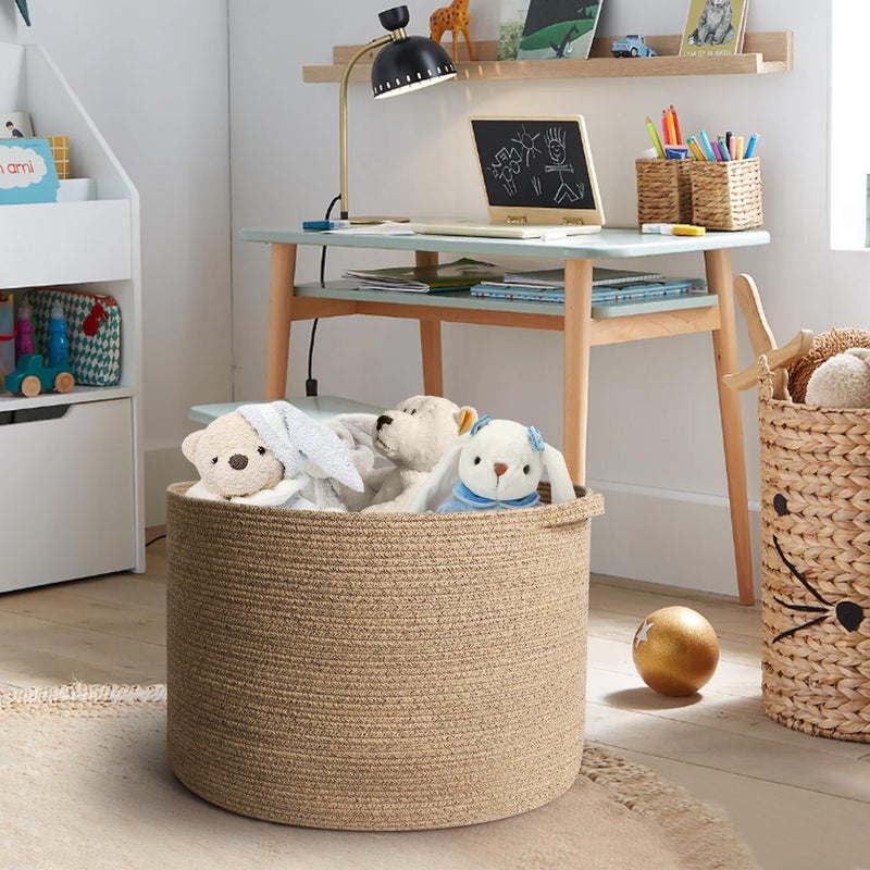 MEGASKET Large Wicker Storage Basket, 22â€ X 22â€ X 14â€ Woven Cotton Rope Basket, Kids Dog Toy Bin Organizer, Blanket Pillow Holder for Living Room, Brown Variegated Wicker Baskets for Organizing - Image 5