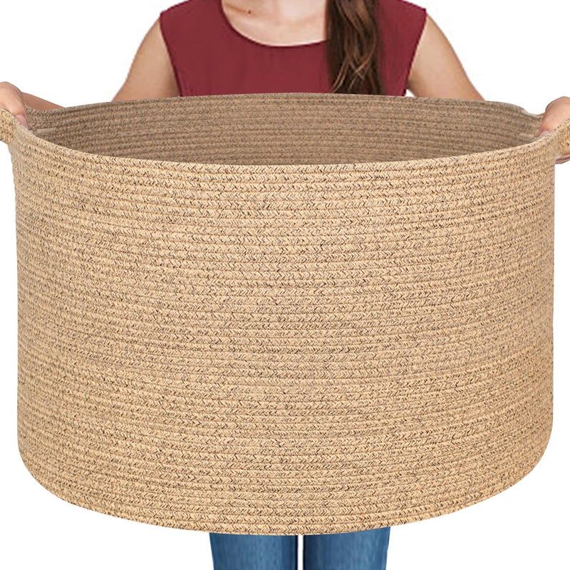 MEGASKET Large Wicker Storage Basket, 22â€ X 22â€ X 14â€ Woven Cotton Rope Basket, Kids Dog Toy Bin Organizer, Blanket Pillow Holder for Living Room, Brown Variegated Wicker Baskets for Organizing - Image 1