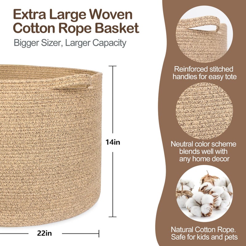 MEGASKET Large Wicker Storage Basket, 22â€ X 22â€ X 14â€ Woven Cotton Rope Basket, Kids Dog Toy Bin Organizer, Blanket Pillow Holder for Living Room, Brown Variegated Wicker Baskets for Organizing - Image 2