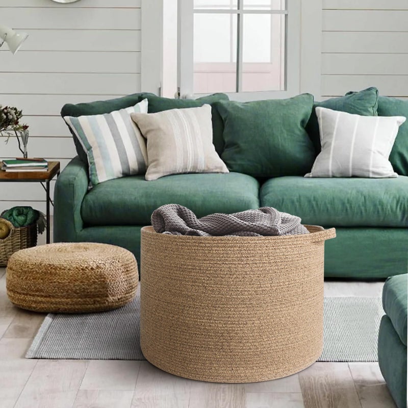 MEGASKET Large Wicker Storage Basket, 22â€ X 22â€ X 14â€ Woven Cotton Rope Basket, Kids Dog Toy Bin Organizer, Blanket Pillow Holder for Living Room, Brown Variegated Wicker Baskets for Organizing - Image 4
