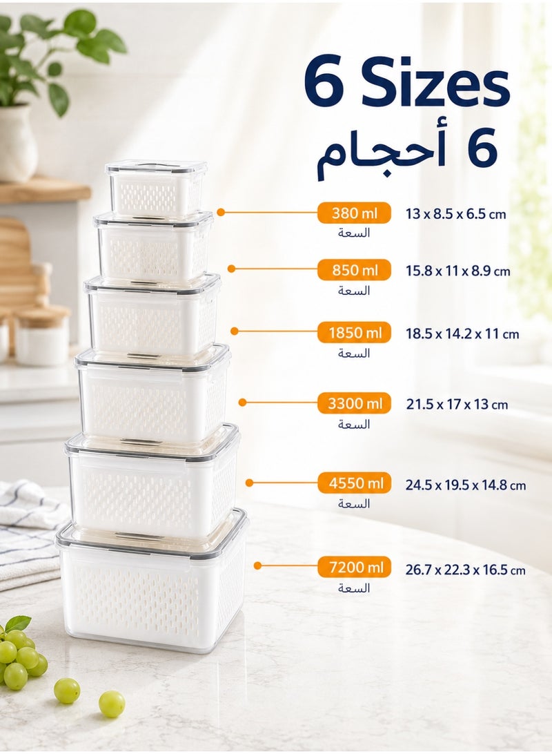 ARNOTEC مجموعة صناديق تخزين المطبخ الذكية YAH 6 قطع - محكمة الإغلاق، قابلة للتكديس، منظمات الثلاجة والمخزن مع سلال تصريف وفواصل، خالية من BPA، آمنة للاستخدام في الميكروويف والفريزر - Image 2