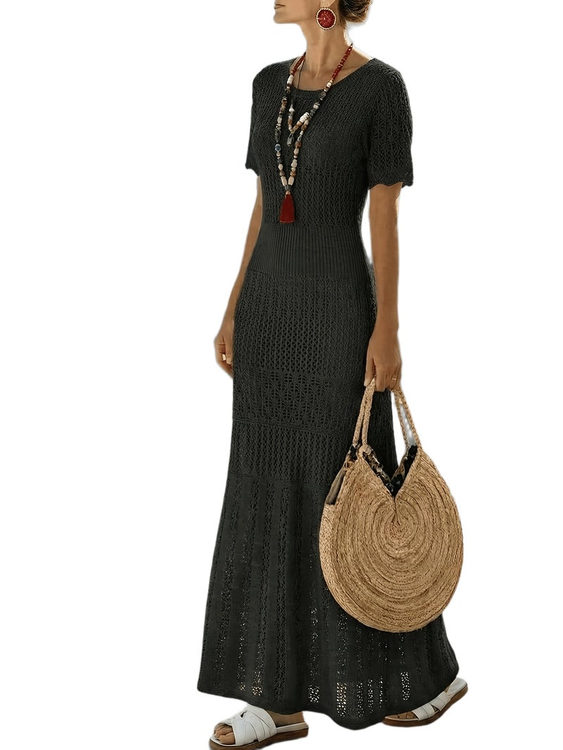 Spring Summer Women'S Elegant Dress, Casual Short Sleeve Dress, Hollow Out Vacation Beach Dress Suitable for Evening And Beach Wear - Image 1