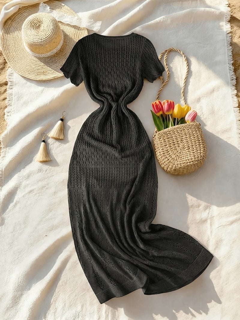 Spring Summer Women'S Elegant Dress, Casual Short Sleeve Dress, Hollow Out Vacation Beach Dress Suitable for Evening And Beach Wear - Image 3