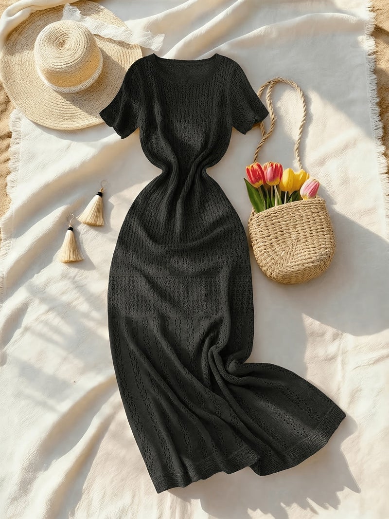 Spring Summer Women'S Elegant Dress, Casual Short Sleeve Dress, Hollow Out Vacation Beach Dress Suitable for Evening And Beach Wear - Image 2