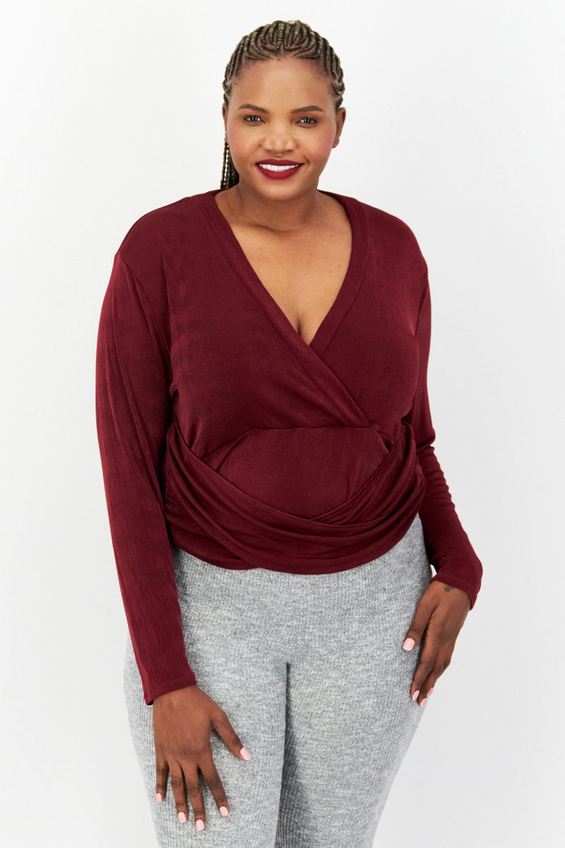 Nina Parker Women Plus Size Plunging Neck Long Sleeve Bodysuit, Maroon  - Image 1
