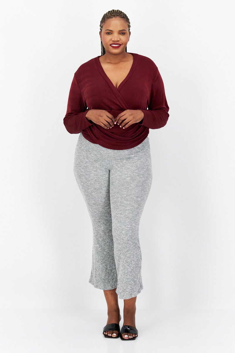 Nina Parker Women Plus Size Plunging Neck Long Sleeve Bodysuit, Maroon  - Image 2
