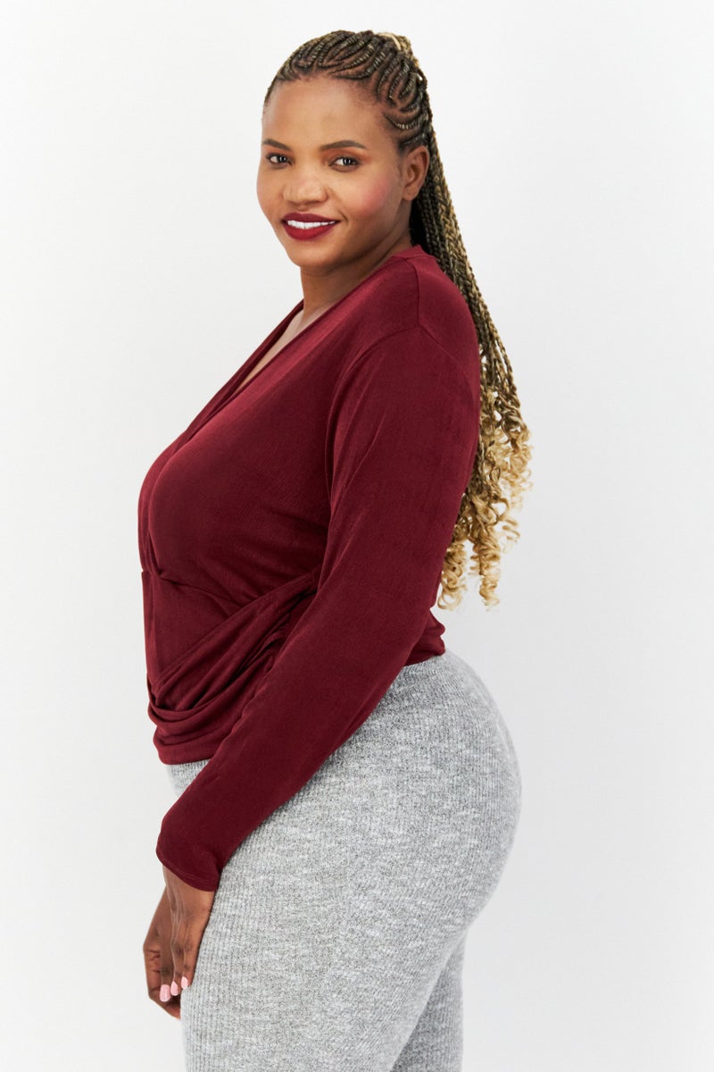 Nina Parker Women Plus Size Plunging Neck Long Sleeve Bodysuit, Maroon  - Image 3