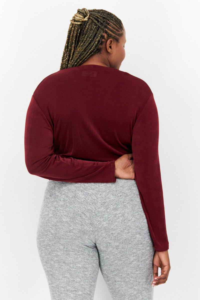 Nina Parker Women Plus Size Plunging Neck Long Sleeve Bodysuit, Maroon  - Image 4