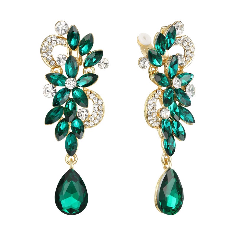 BriLove St Patricks Day Earrings Wedding Bridal Clip-On for Women Bohemian Boho Crystal Flower Chandelier Teardrop Bling Long Dangle Jewelry for Party Prom Emerald Color Gold-Toned - Image 1