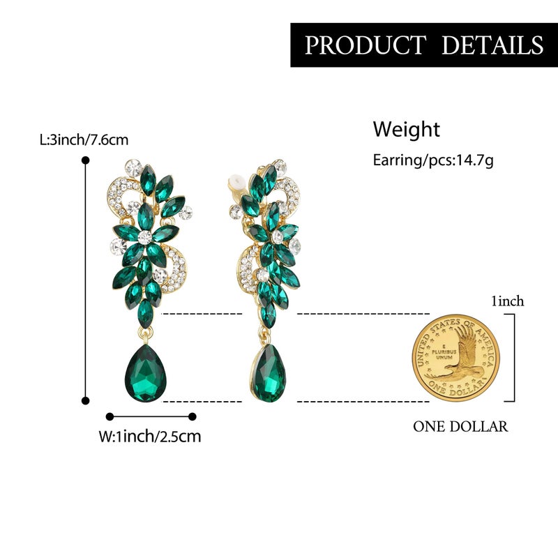 BriLove St Patricks Day Earrings Wedding Bridal Clip-On for Women Bohemian Boho Crystal Flower Chandelier Teardrop Bling Long Dangle Jewelry for Party Prom Emerald Color Gold-Toned - Image 5