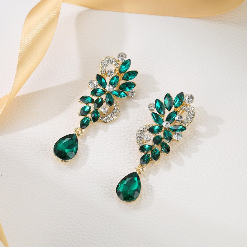 BriLove St Patricks Day Earrings Wedding Bridal Clip-On for Women Bohemian Boho Crystal Flower Chandelier Teardrop Bling Long Dangle Jewelry for Party Prom Emerald Color Gold-Toned - Image 4