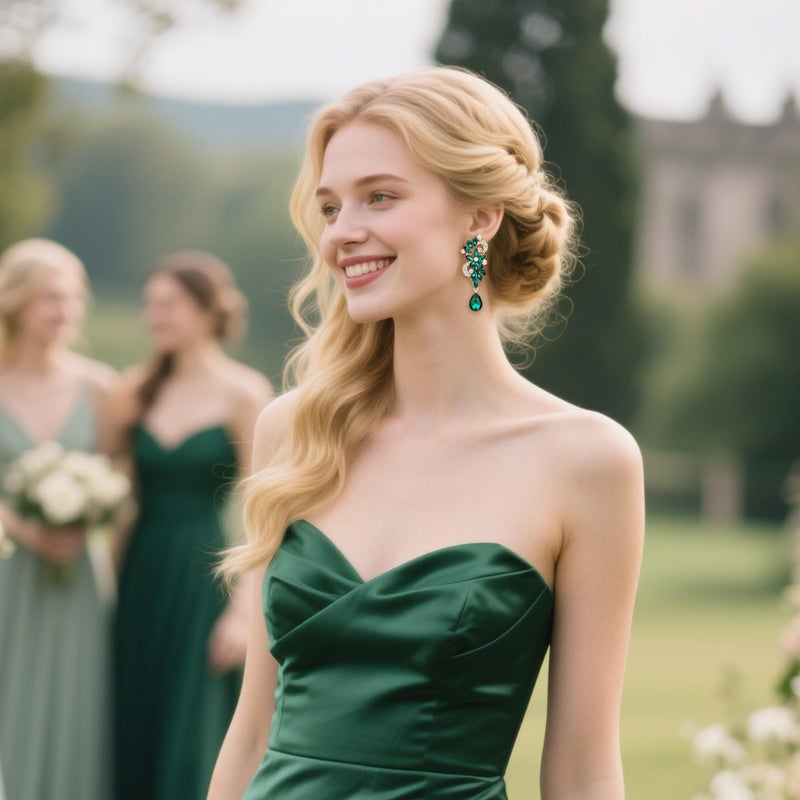 BriLove St Patricks Day Earrings Wedding Bridal Clip-On for Women Bohemian Boho Crystal Flower Chandelier Teardrop Bling Long Dangle Jewelry for Party Prom Emerald Color Gold-Toned - Image 2