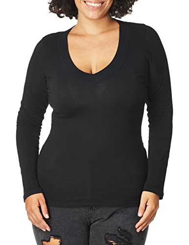 Ambiance Basic Jersey Cotton Wide V-Neck Long Sleeve Casual Tee Shirt - Black - Medium - Image 4