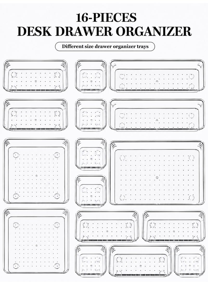 ELASAR 16 Pcs Desk Drawer Organizers Trays Set Clear Plastic Storage Bins Bathroom Drawer Tray Dividers Vanity Trays Organizer for Bedroom Dresser Makeup Kitchen Utensil Office - Image 1