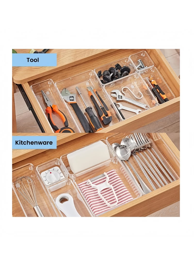 ELASAR 16 Pcs Desk Drawer Organizers Trays Set Clear Plastic Storage Bins Bathroom Drawer Tray Dividers Vanity Trays Organizer for Bedroom Dresser Makeup Kitchen Utensil Office - Image 5