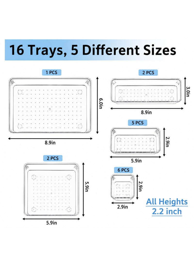 ELASAR 16 Pcs Desk Drawer Organizers Trays Set Clear Plastic Storage Bins Bathroom Drawer Tray Dividers Vanity Trays Organizer for Bedroom Dresser Makeup Kitchen Utensil Office - Image 2