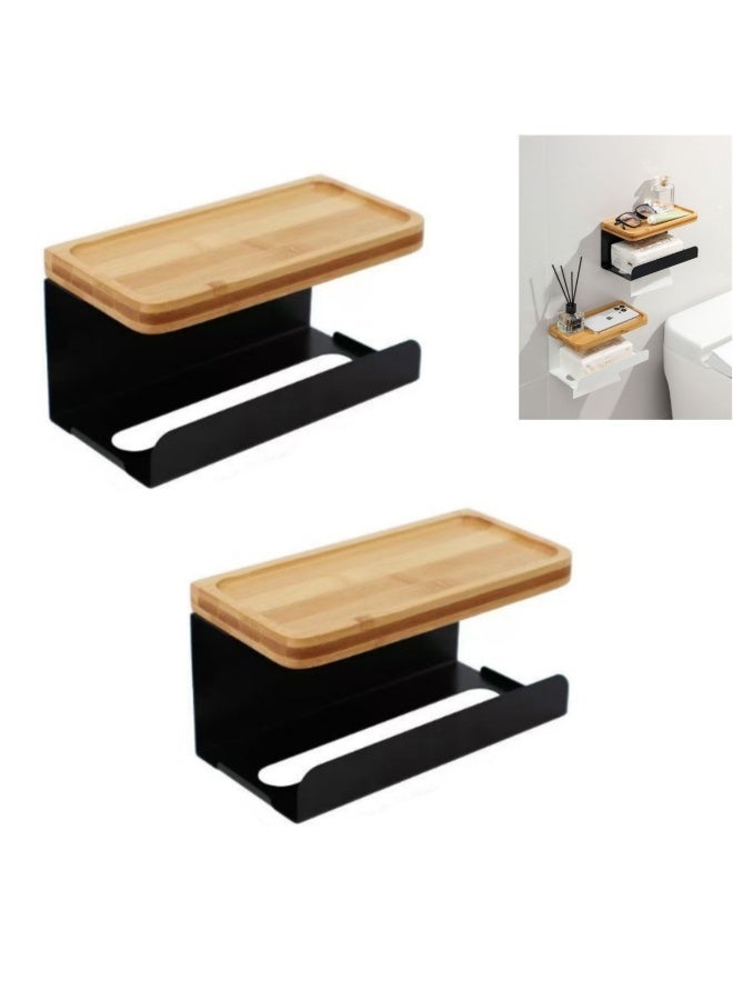 Toilet Paper Holder, Wall Mounted Tissue Box Holder for Bathroom, Multi-Purpose Waterproof Tissue Rack with Bamboo Tray and Metal Rack for Paper Towel Phone (2Pcs, Black) - Image 1