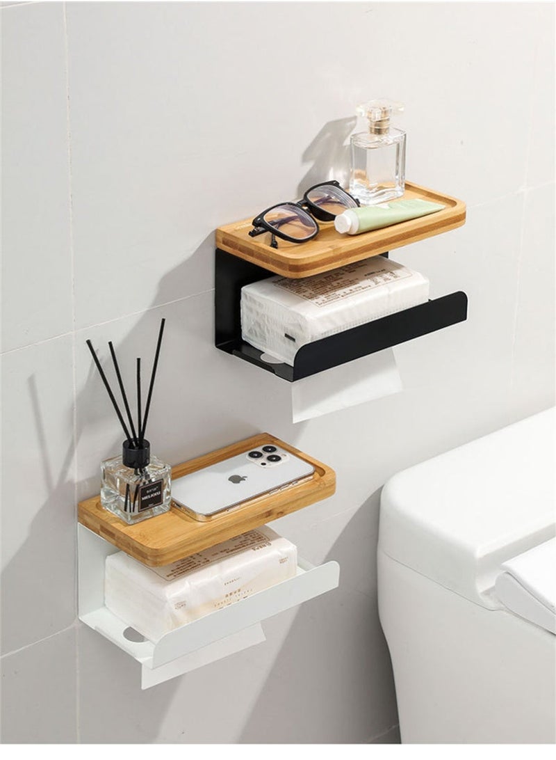 Toilet Paper Holder, Wall Mounted Tissue Box Holder for Bathroom, Multi-Purpose Waterproof Tissue Rack with Bamboo Tray and Metal Rack for Paper Towel Phone (2Pcs, Black) - Image 4
