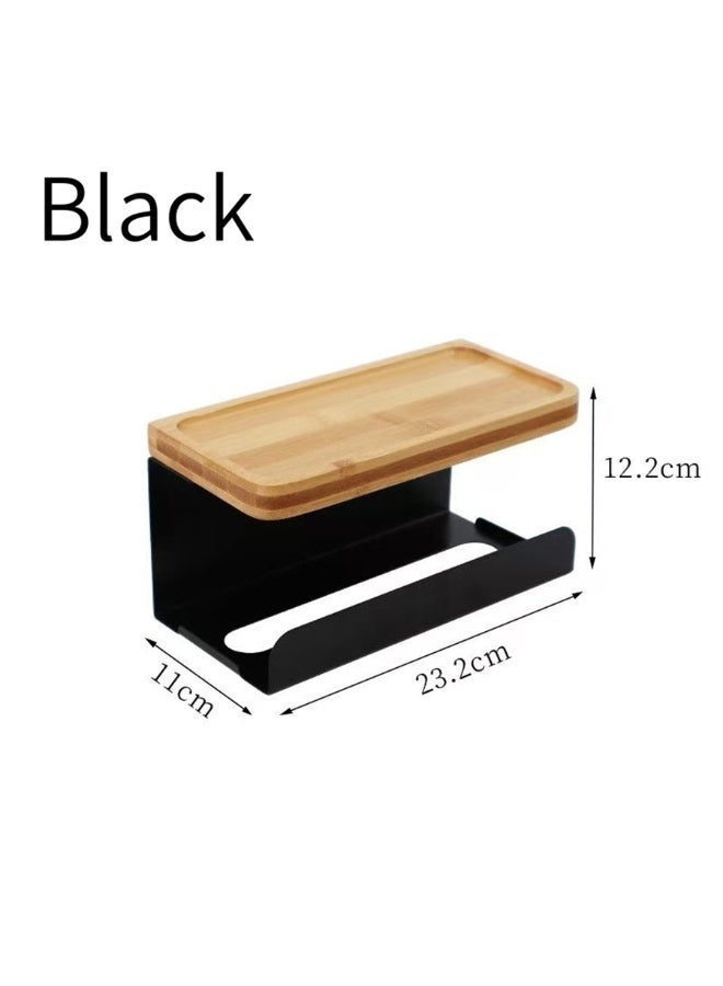 Toilet Paper Holder, Wall Mounted Tissue Box Holder for Bathroom, Multi-Purpose Waterproof Tissue Rack with Bamboo Tray and Metal Rack for Paper Towel Phone (2Pcs, Black) - Image 5