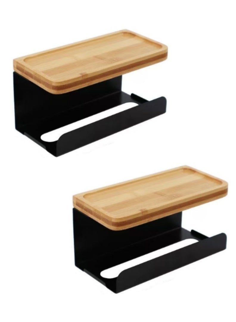 Toilet Paper Holder, Wall Mounted Tissue Box Holder for Bathroom, Multi-Purpose Waterproof Tissue Rack with Bamboo Tray and Metal Rack for Paper Towel Phone (2Pcs, Black) - Image 3