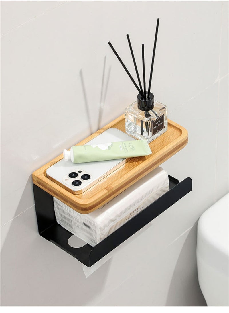 Toilet Paper Holder, Wall Mounted Tissue Box Holder for Bathroom, Multi-Purpose Waterproof Tissue Rack with Bamboo Tray and Metal Rack for Paper Towel Phone (2Pcs, Black) - Image 2