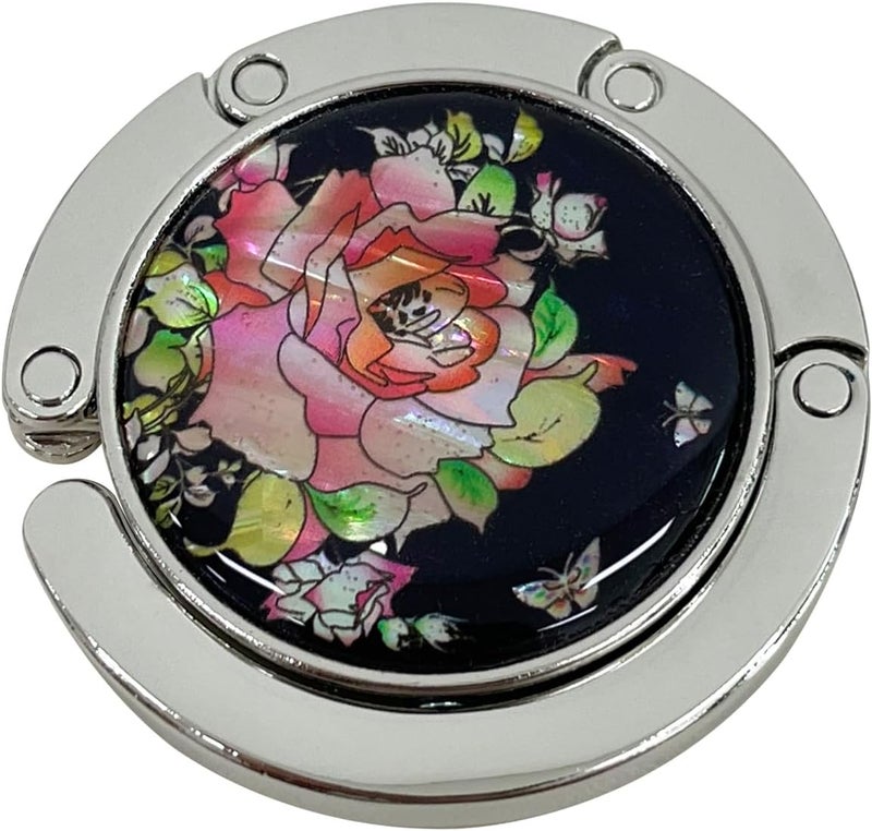 PLAY Mother of Pearl Purse Hook Magnet Clip Table Handbag Hanger Foldable Table Holder (Red Rose) - Image 2