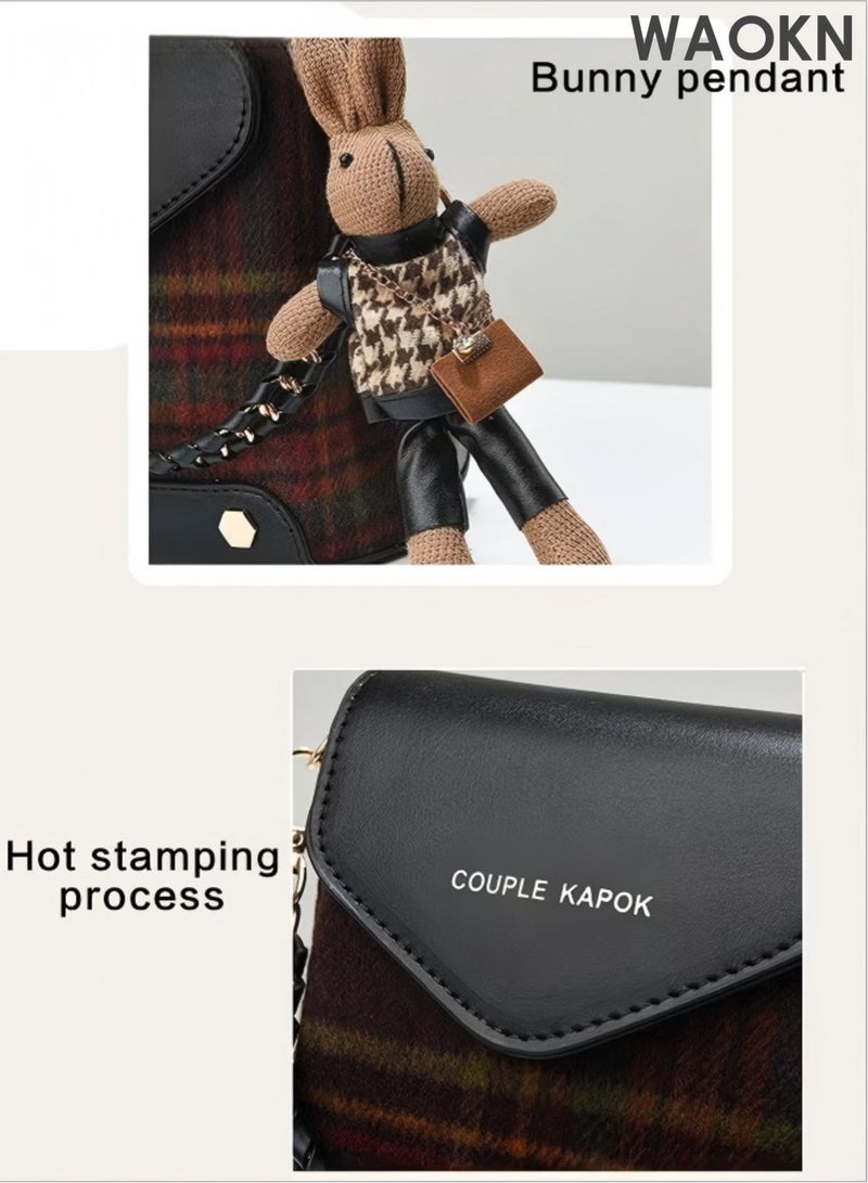 WAOKN Stitched Plaid Small Square Bag , Women'S Fashion Versatile Crossbody Bag , Pu Leather Plaid Woolen Spliced Adjustable Shoulder Strap Shoulder Bag , Versatile, simple , lightweight ,unisex , black . - Image 3