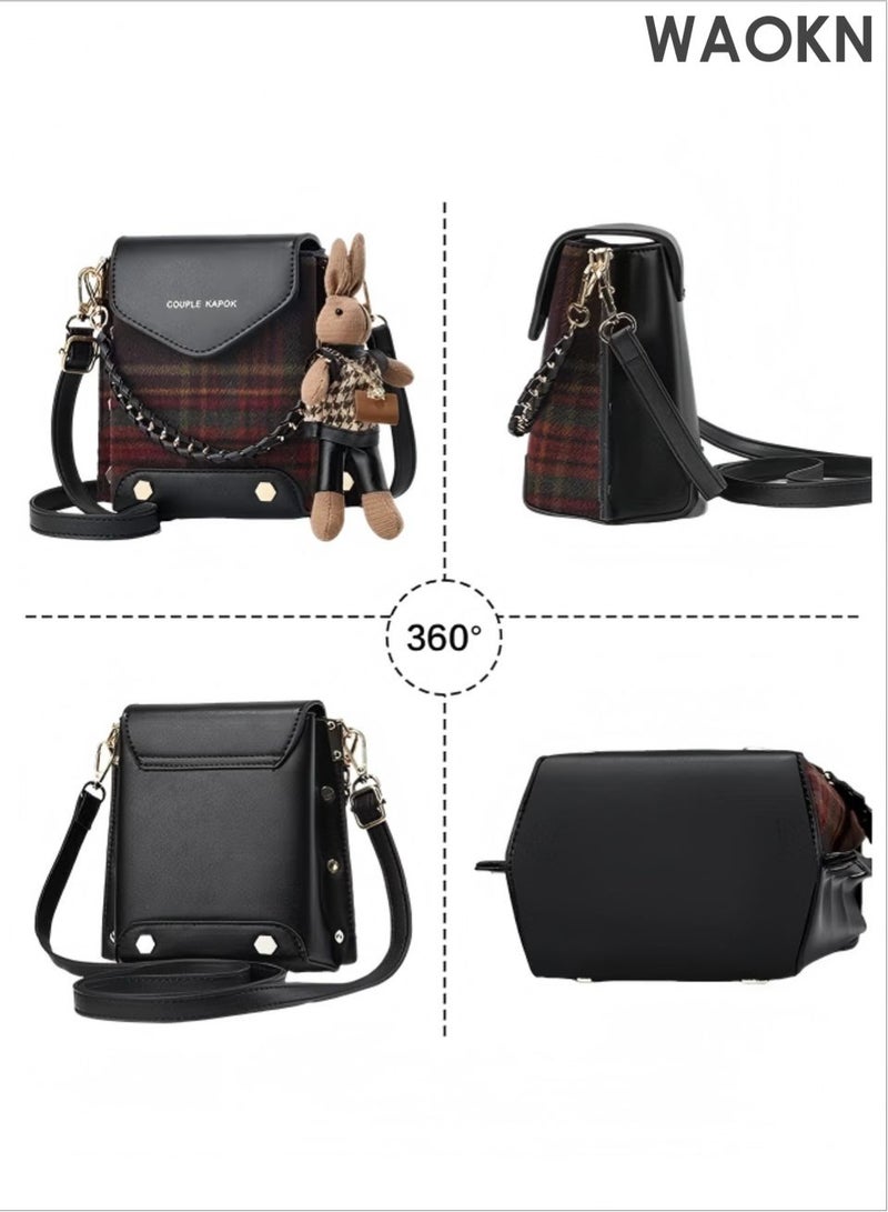 WAOKN Stitched Plaid Small Square Bag , Women'S Fashion Versatile Crossbody Bag , Pu Leather Plaid Woolen Spliced Adjustable Shoulder Strap Shoulder Bag , Versatile, simple , lightweight ,unisex , black . - Image 4