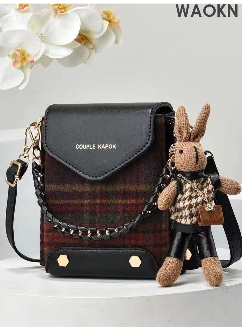 WAOKN Stitched Plaid Small Square Bag , Women'S Fashion Versatile Crossbody Bag , Pu Leather Plaid Woolen Spliced Adjustable Shoulder Strap Shoulder Bag , Versatile, simple , lightweight ,unisex , black . - Image 1