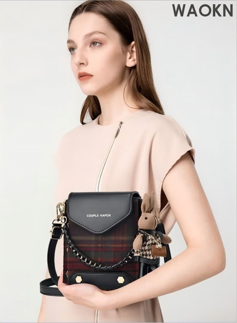 WAOKN Stitched Plaid Small Square Bag , Women'S Fashion Versatile Crossbody Bag , Pu Leather Plaid Woolen Spliced Adjustable Shoulder Strap Shoulder Bag , Versatile, simple , lightweight ,unisex , black . - Image 5