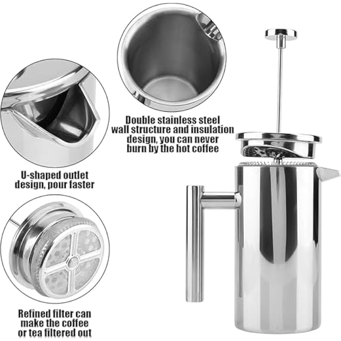 YAMDA 1000Ml French Press Coffee Maker  Double Wall Insulated Stainless Steel Cafetiere With 4Level Filtration Heat Retention RustFree  Easy Clean Coffee Press Pot For Home Office  Gifting - Image 5