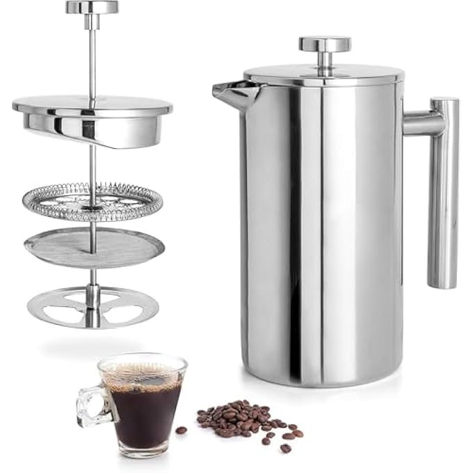 YAMDA 1000Ml French Press Coffee Maker  Double Wall Insulated Stainless Steel Cafetiere With 4Level Filtration Heat Retention RustFree  Easy Clean Coffee Press Pot For Home Office  Gifting - Image 2