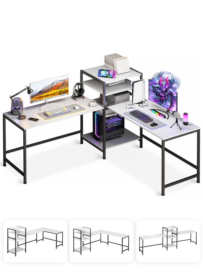 اديببولا طاوله قيمنق مع رف كتب، مكتب زاوية على شكل حرف L مع 4 رفوف تخزين، يمكن استخدامها كطاولة كمبيوتر، مكتب دراسة، مكتب منزلي ومحطة عمل - Image 1