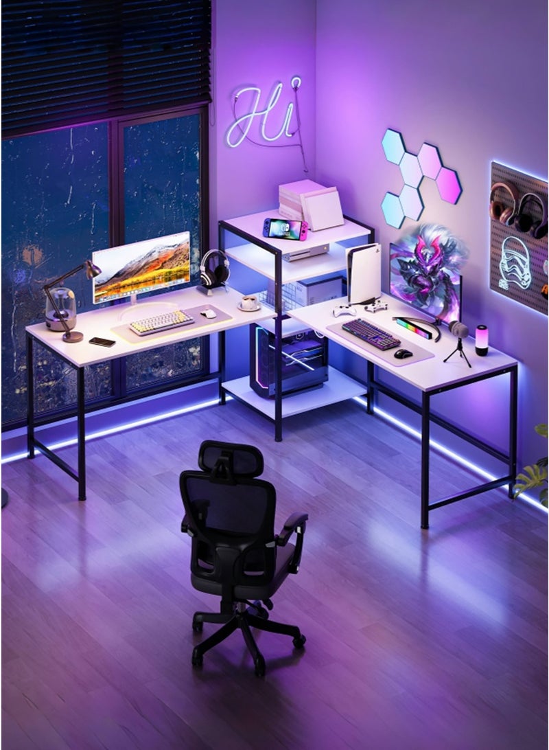 اديببولا طاوله قيمنق مع رف كتب، مكتب زاوية على شكل حرف L مع 4 رفوف تخزين، يمكن استخدامها كطاولة كمبيوتر، مكتب دراسة، مكتب منزلي ومحطة عمل - Image 2