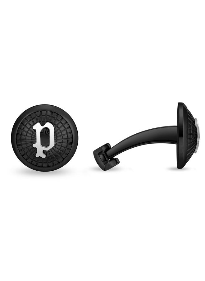POLICE Decode Cufflinks for Men Black Textured Design with Silver 'P' Logo  - Image 1
