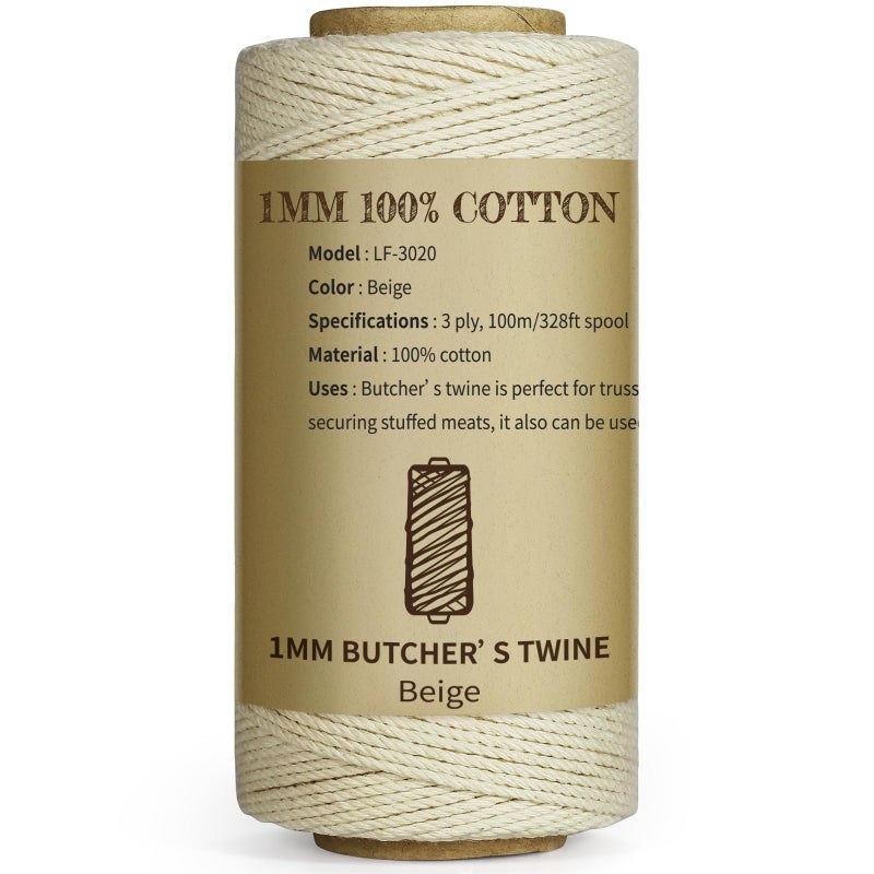 TJMOREE Butchers Twine 3Ply 100m328 1mmThick Feet String Food Oven Safe Cotton Cooking Meat Rope Bakers Twine Fit to Parcel Sausage and Decorate Crafts Beige
