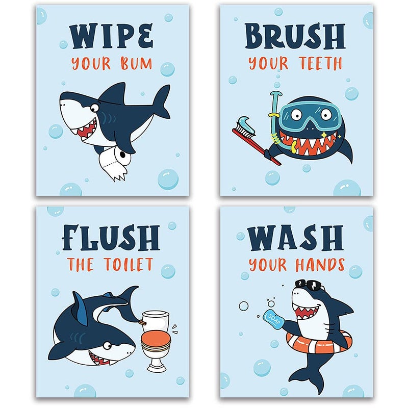 FALJIOK Funny Shark Bathroom Decor  Novelty Sea Critters Bathroom Rules Wall Art for Kids  Girls Boys  Shark Lover  Nursery  Wash Brush Flush Wall Art Prints  4set 8X10 Unframed