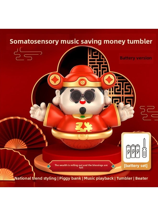 Year's God Of Wealth Piggy Bank Tumbler Body Sense Music Toy Baby Baby Early Education Kindergarten Coax Baby Artifact-Color:God Of Wealth's Body Sense Music-Piggy Bank Tumbler [Battery Edition] 3 No.5 Batteries - Image 1