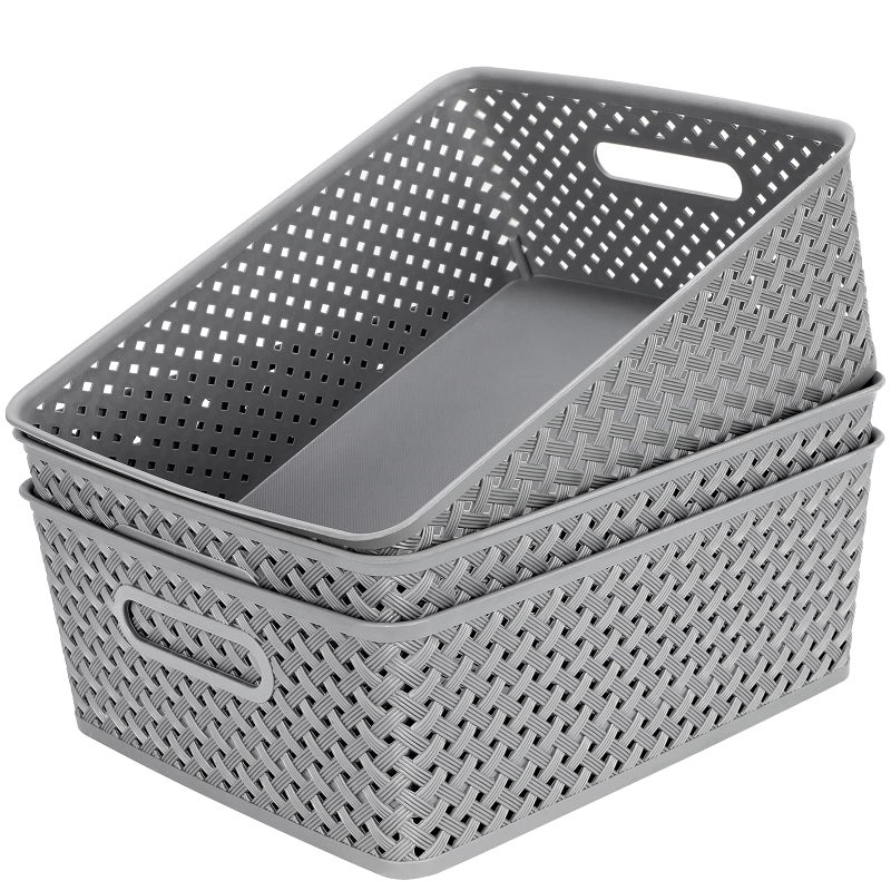 MaxGear Organization and Storage 3 Packs, Plastic Bins Organizer Bins, Woven Baskets for Storage, Plastic Baskets with Handles, Grey Basket for Organizing, Basket Organizer for Home and Office, Large - Image 1