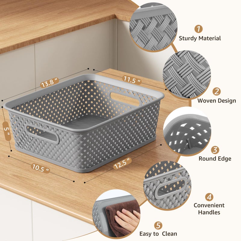 MaxGear Organization and Storage 3 Packs, Plastic Bins Organizer Bins, Woven Baskets for Storage, Plastic Baskets with Handles, Grey Basket for Organizing, Basket Organizer for Home and Office, Large - Image 2