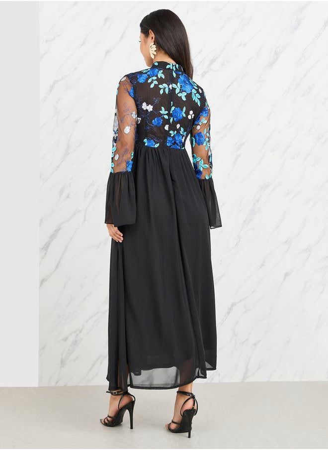 Styli - Floral Embroidered Flute Sleeves A-Line Maxi Dress - Image 1