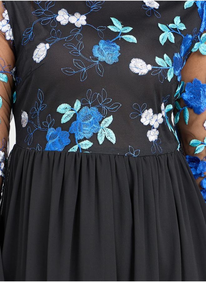 Styli - Floral Embroidered Flute Sleeves A-Line Maxi Dress - Image 1
